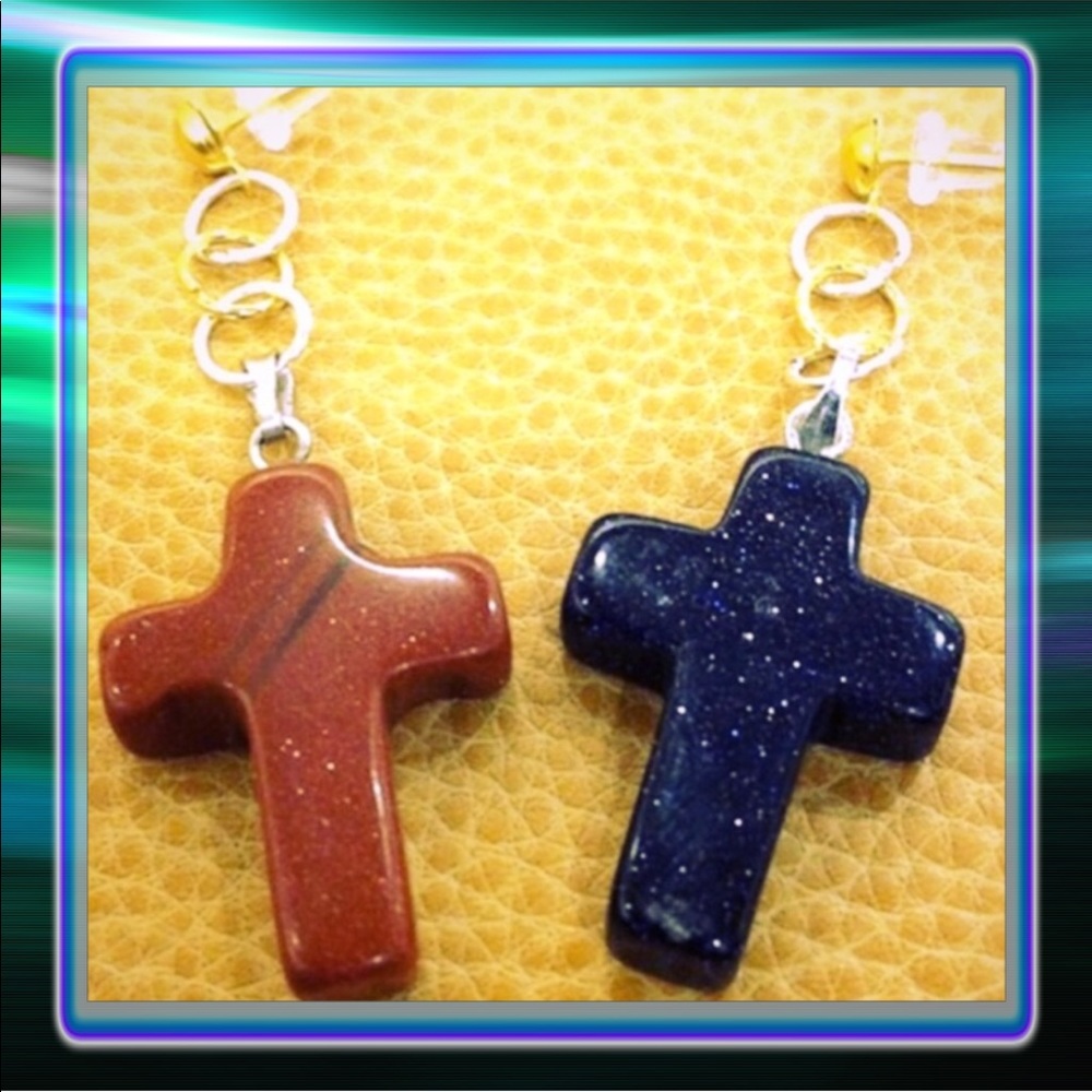 Blue & Brown Goldstone  Cross Earrings